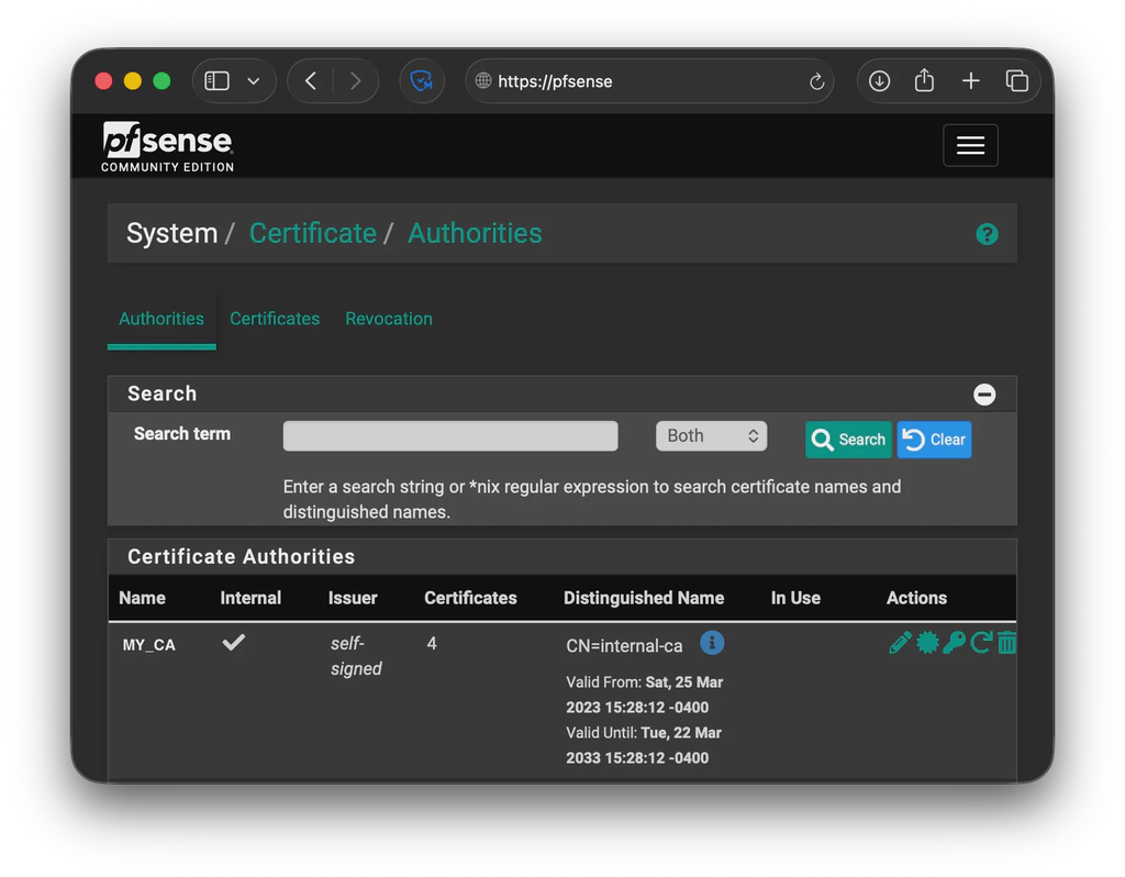 pfSense internal (self-signed) certificate authority.