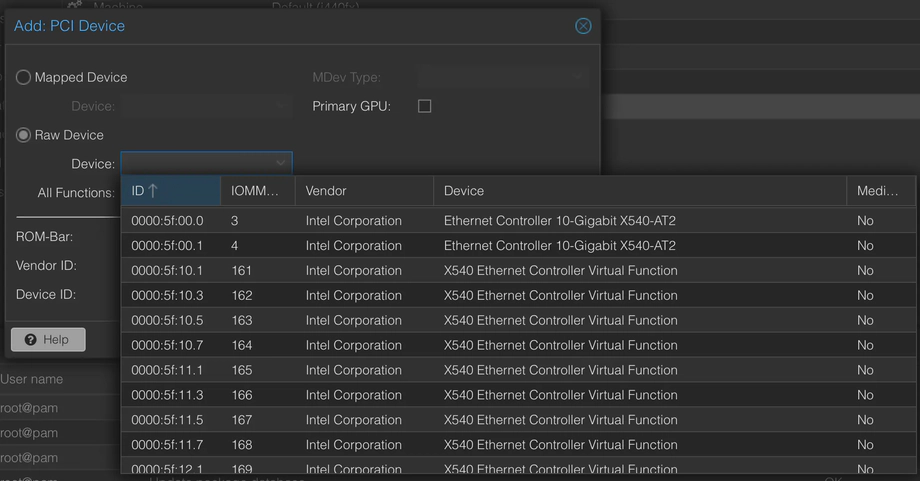 pci device selection screen with virtual functions